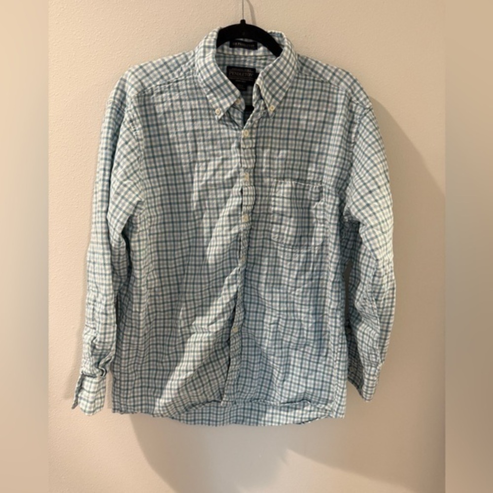 Sir Pendleton Mens Large Plaid Button Down Long Sleeve Shirt Blue White L